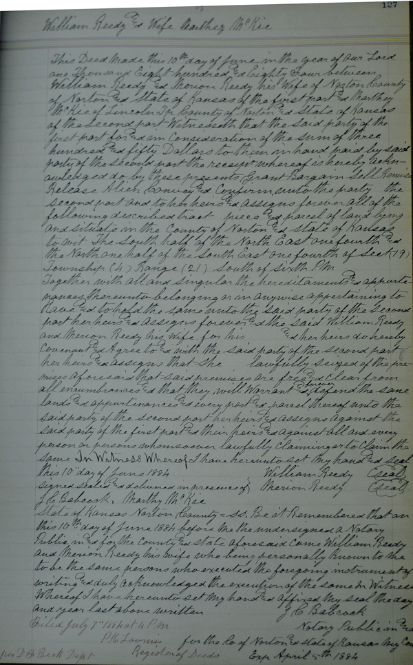Martha McKie deed to purchase 160 acres 1884