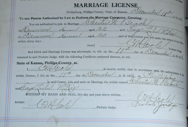 Marriage Certificate for Faye McKie and Chet Beach