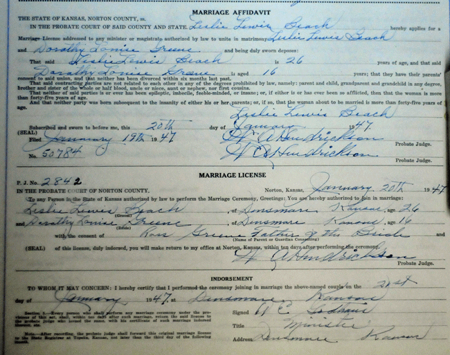 Dorothy Greene and Lewis Beach Marriage License