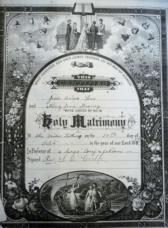 Marriage Certificate for Jesse Lee and Nancy Mooney