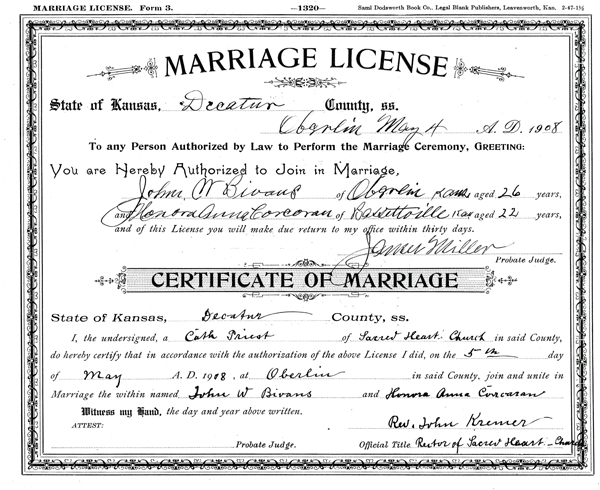 J Bivan and A Corcoran Marriage License