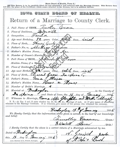 Timothy Corcoran and Elizabeth Slaven Marriage Record