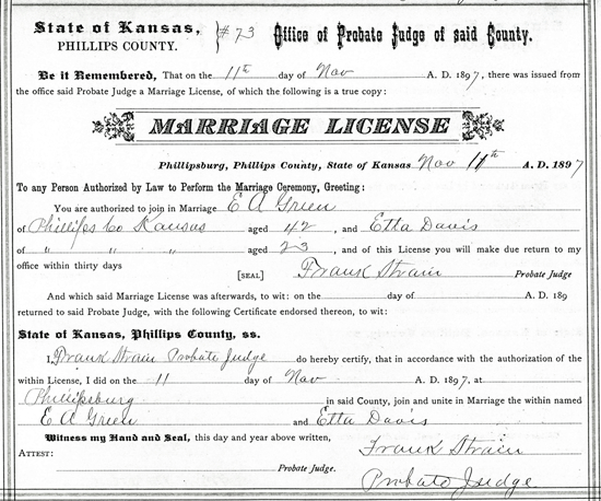 E Greene and E Davis Marriage License