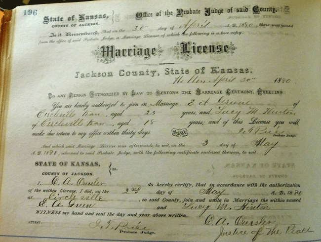 Marriage of E Greene and L Hinton