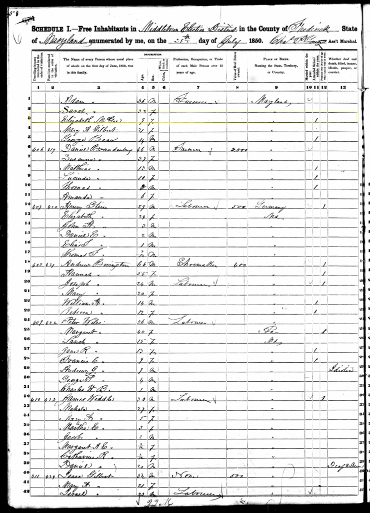 Elizabeth McGee 1850 Census Frederick Co MD