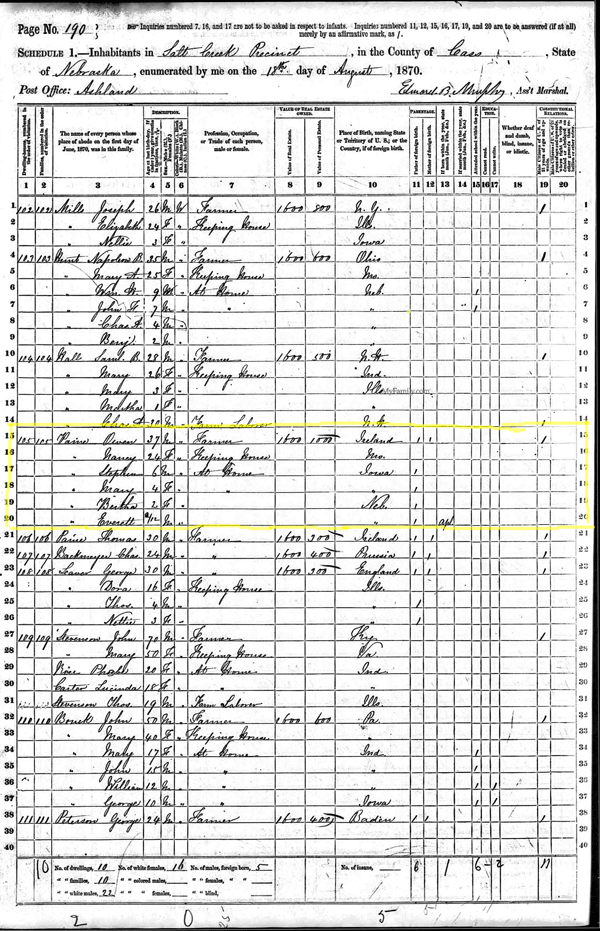 Owen Payne 1870 Census