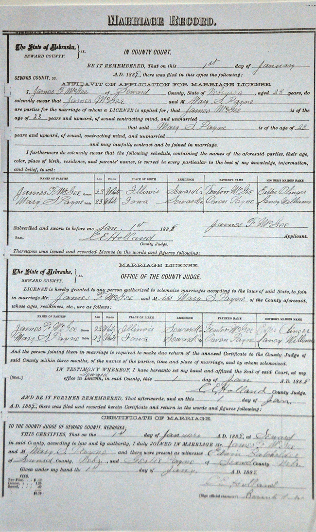 J F McGee and M S Payne Marriage Record