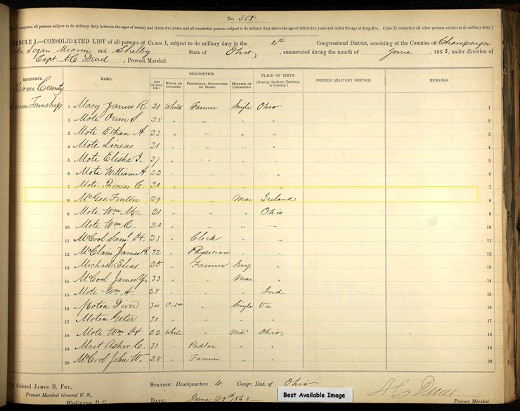 Fenton McGee's Draft Registration 1863