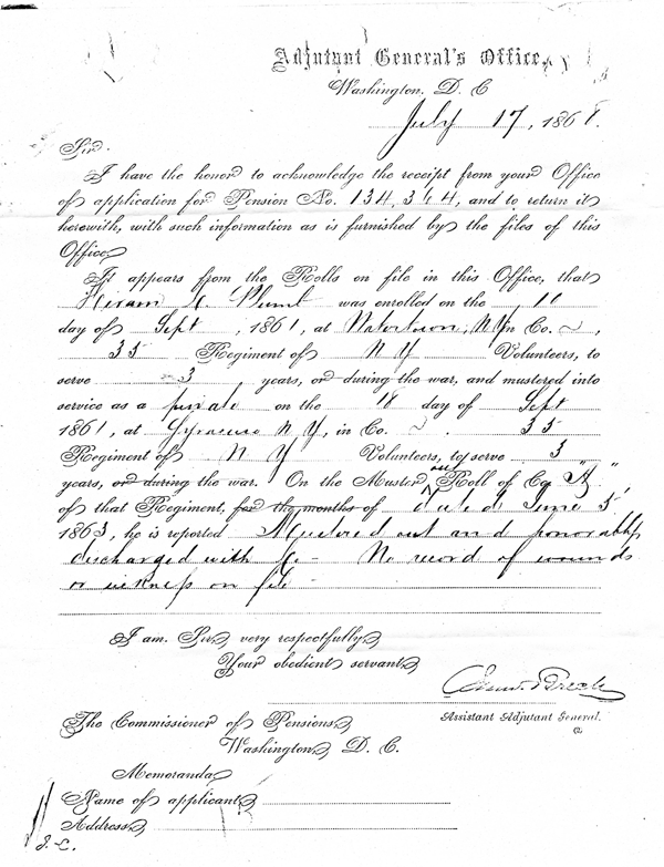 Hiram C Plumb Civil War Affidavit